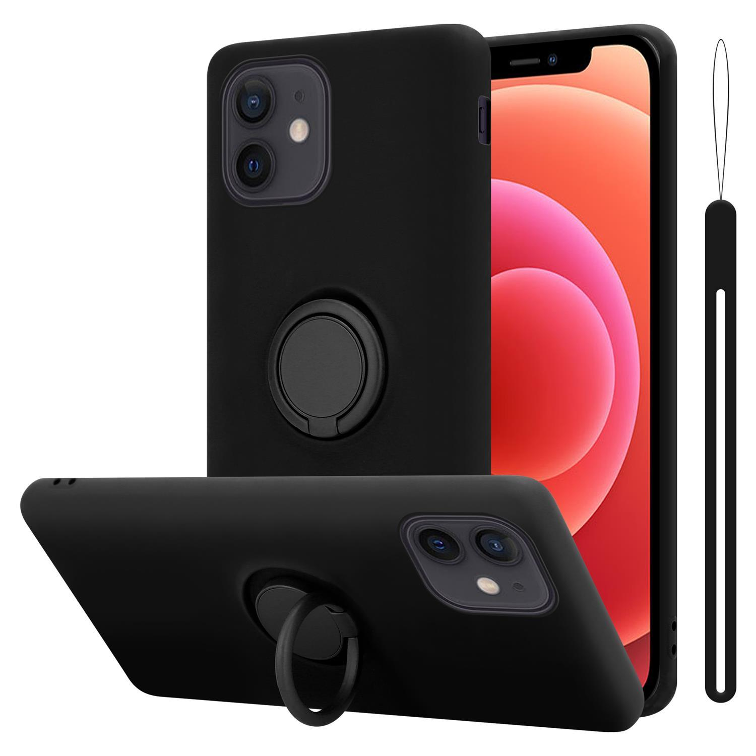 Schwarze Handyhülle mit Ringhalter und Telefon. Die Hülle hat drei Ansichten.