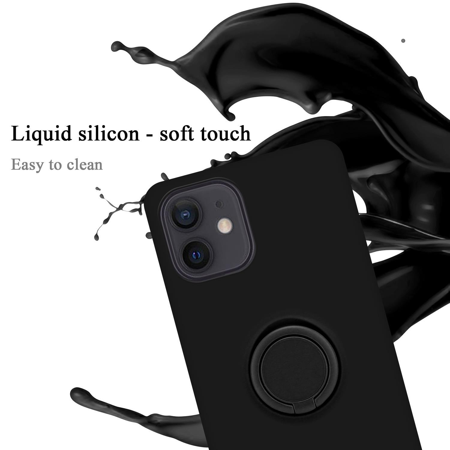 Schwarze Handyhülle mit Ringhalter und schwarzem Flüssigkeitsspritzer. Text: Flüssigsilikon - Soft-Touch, leicht zu reinigen.