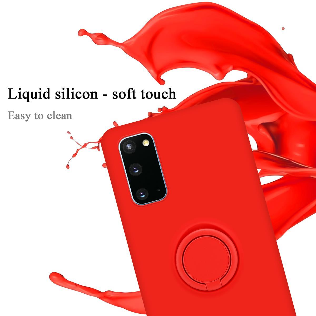 Custodia rossa con anello e effetto liquido rosso dietro.