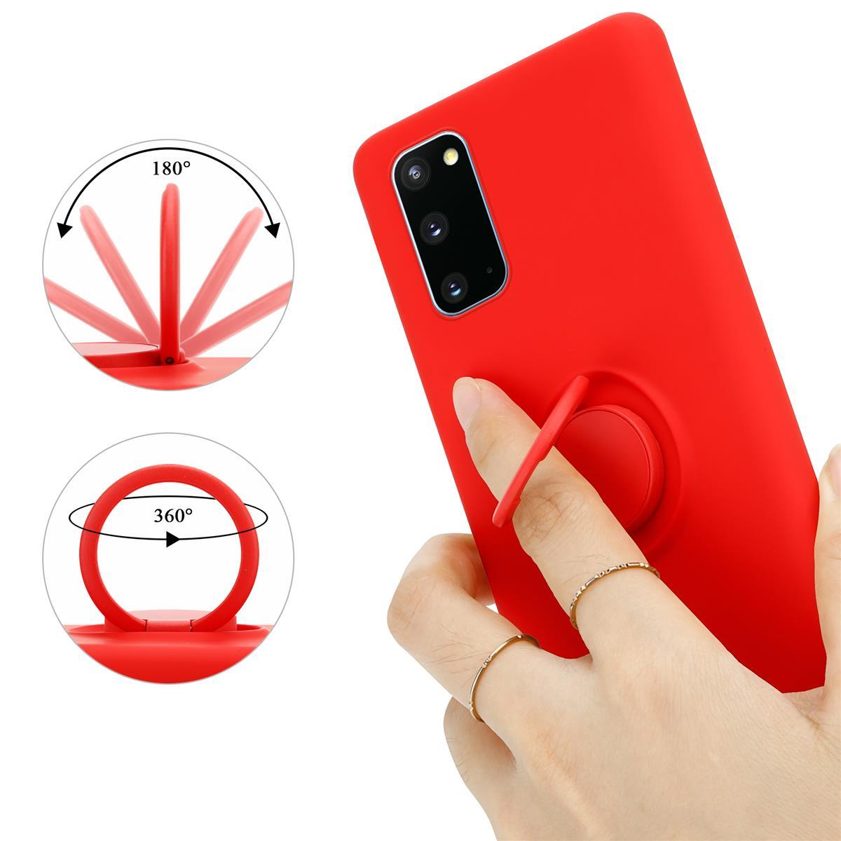 Custodia rossa con anello per le dita. Testo: 180 e 360 gradi.
