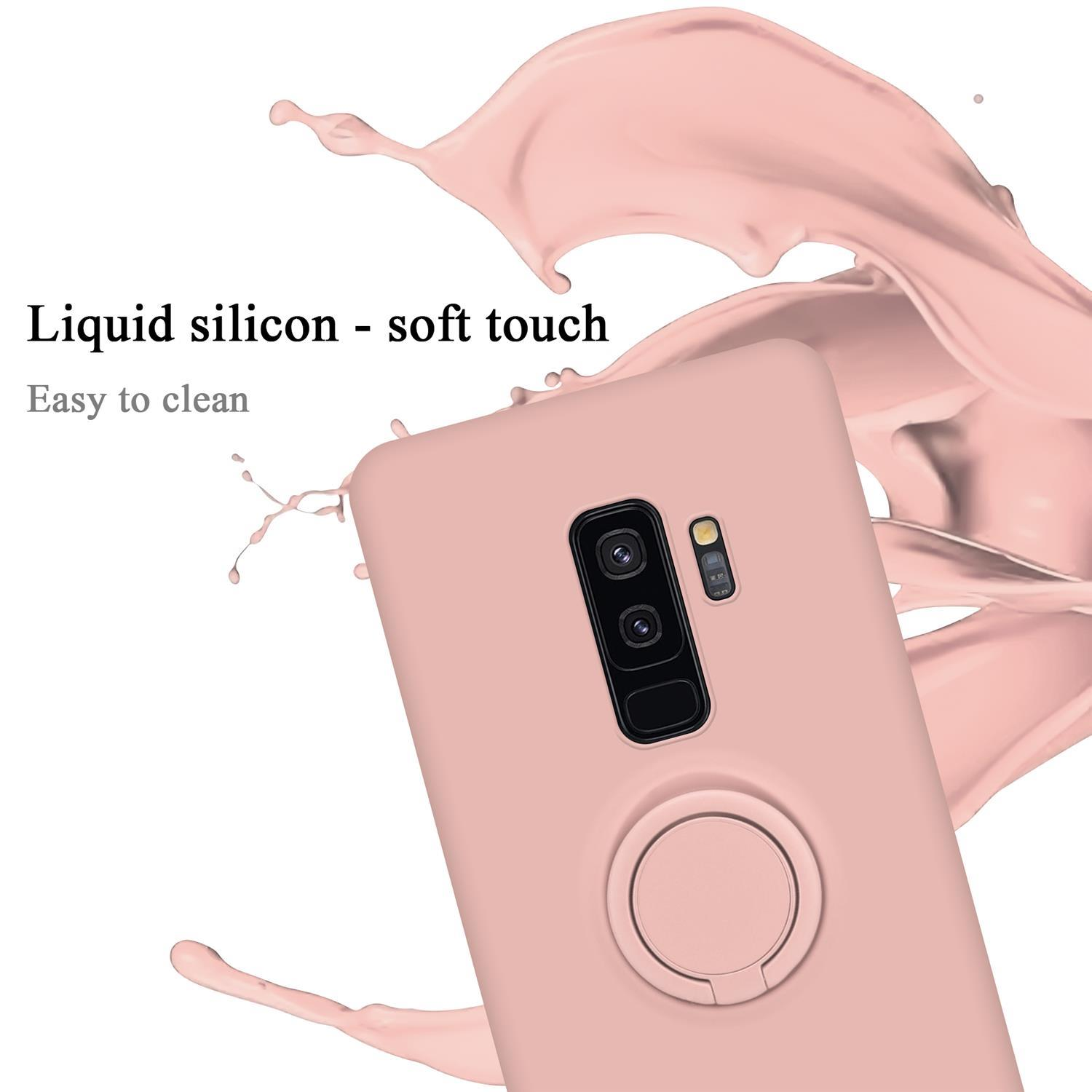 Custodia rosa con supporto ad anello. Silicone liquido schizzato sullo sfondo.