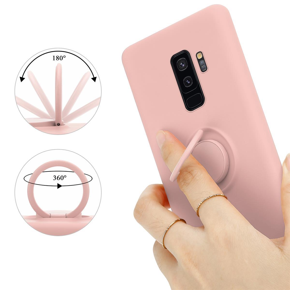 Una custodia per telefono rosa con un supporto ad anello. Il supporto ad anello può ruotare di 180 e 360 gradi.