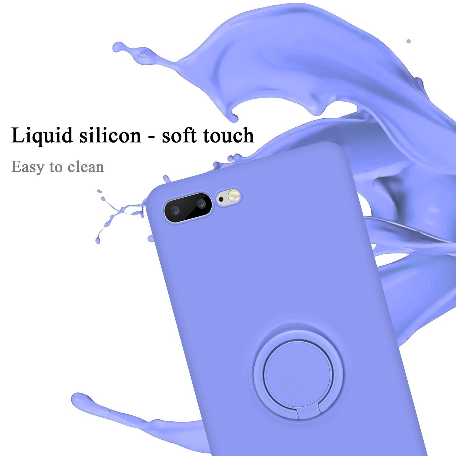 Telefono viola con anello di supporto. Testo in silicone liquido e spruzzi sullo sfondo. Tocco morbido e facile da pulire.