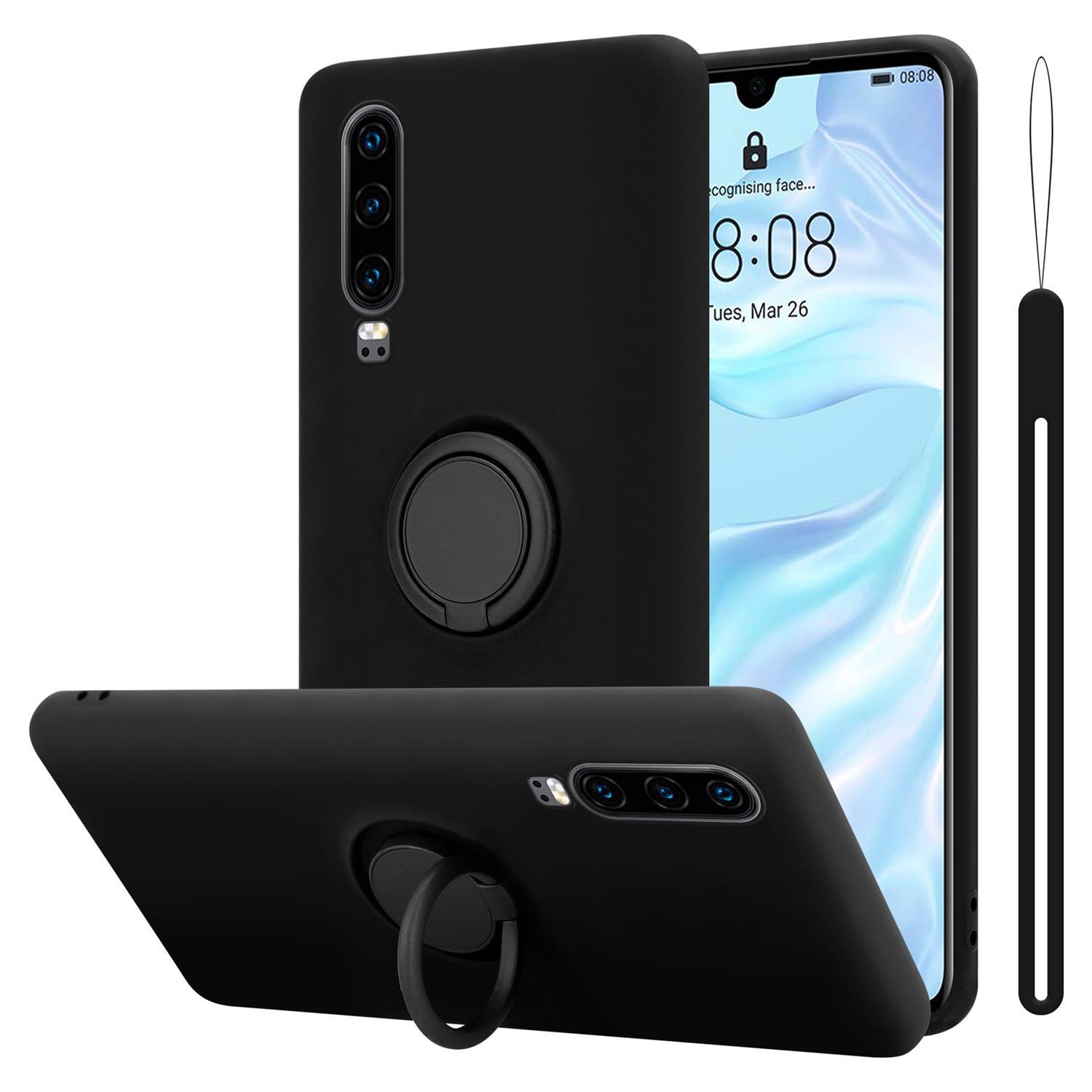Custodia per telefono nera con anello. Ha un supporto ad anello e copre il retro.