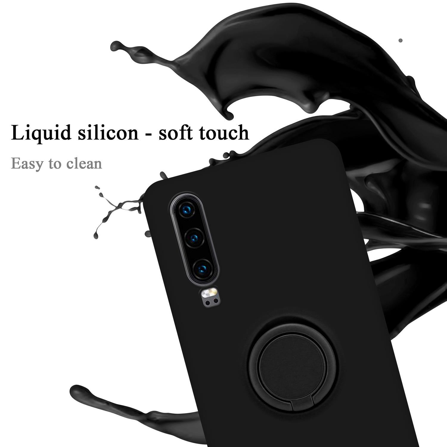 Custodia per telefono nera con supporto ad anello, con un'esplosione di liquido nero.