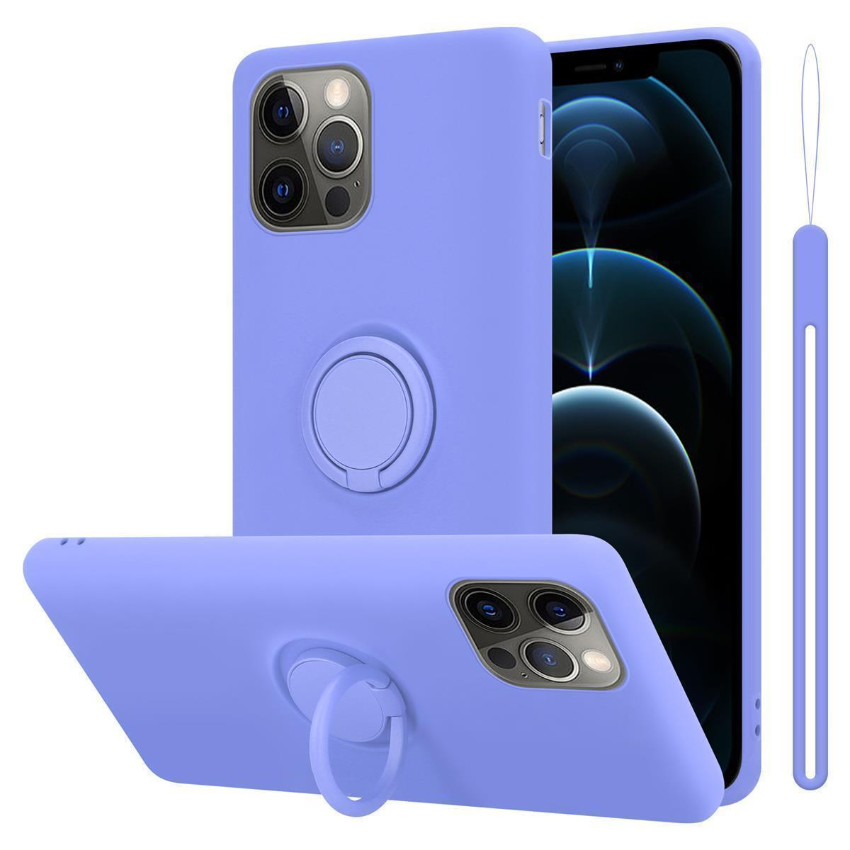 Blaue Handyhülle mit Ringhalter, und ein Telefon mit App-Anzeige auf weißem Hintergrund.