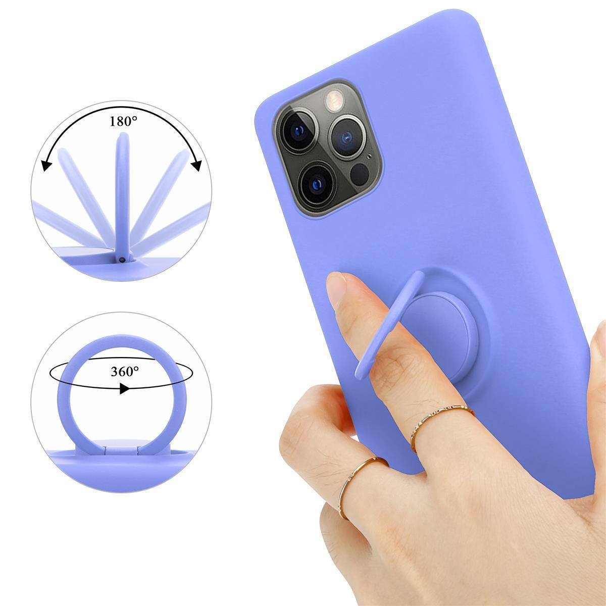 Eine lila Handyhülle mit Ringhalterung. Der Ring kann sich um 180 und 360 Grad drehen. Eine Hand hält die Hülle.