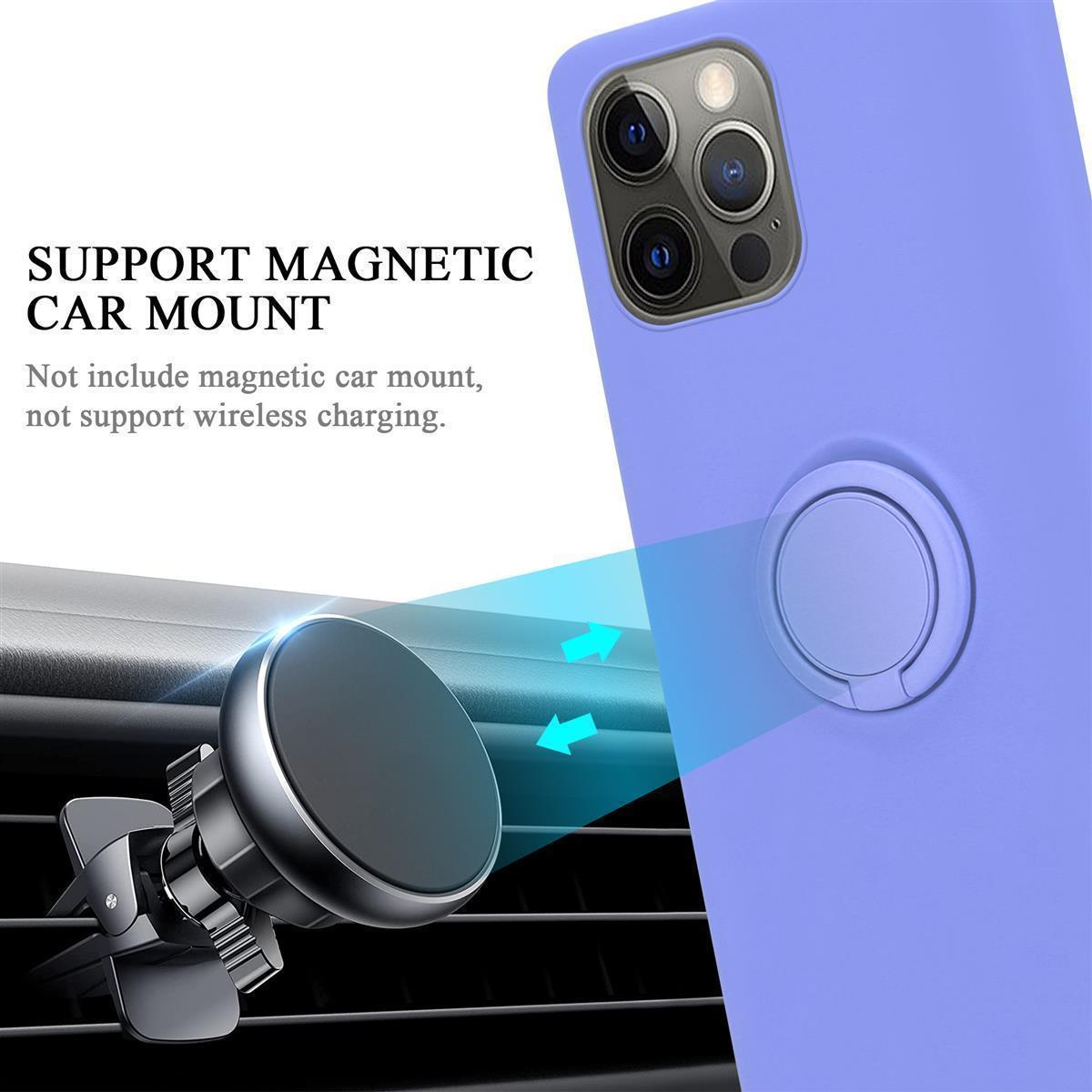 Eine lila Handyhülle mit einer magnetischen Autohalterung, mit Pfeilen, die auf das Telefon zeigen.