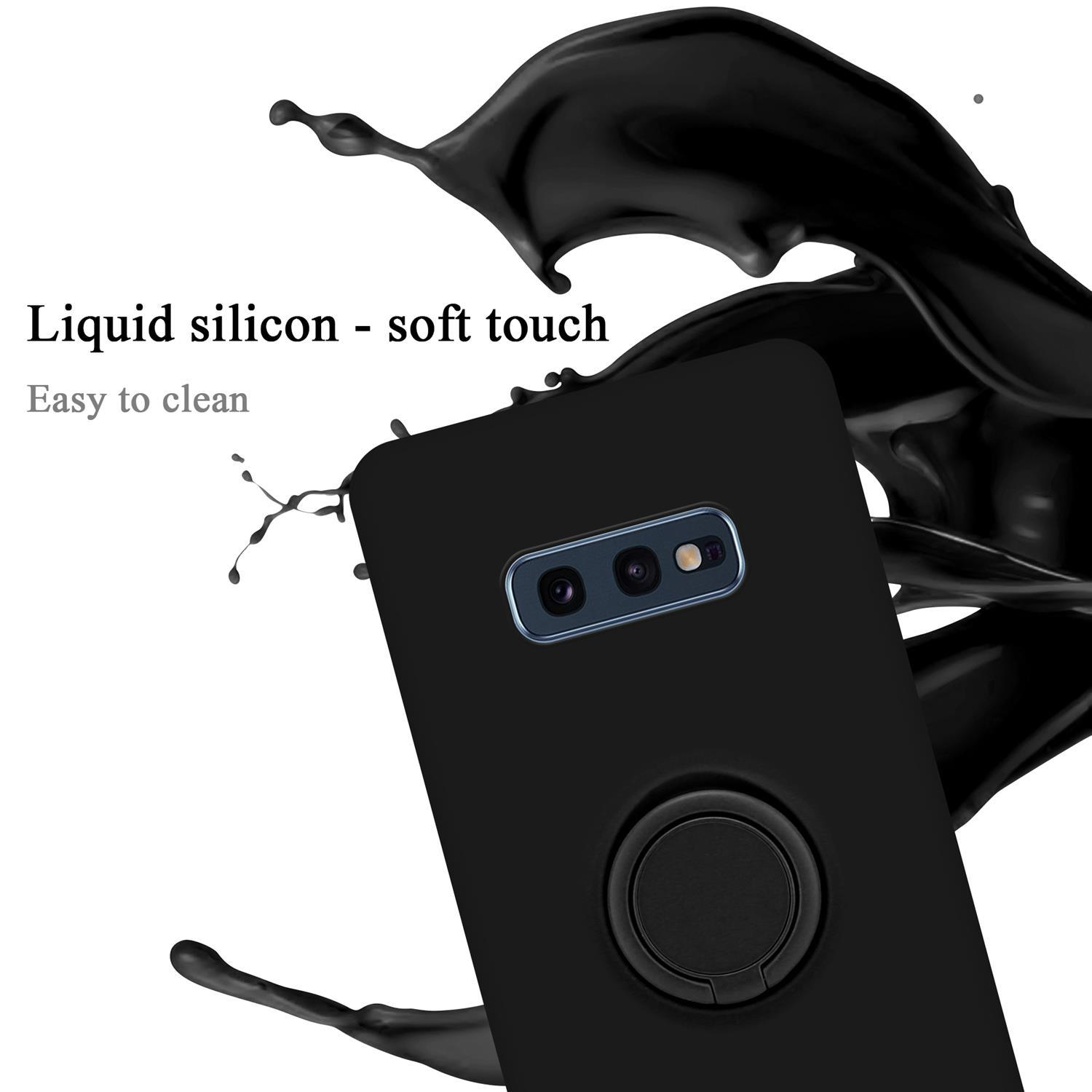 Custodia per telefono nera con supporto ad anello. Schizzo di liquido nero sullo sfondo.