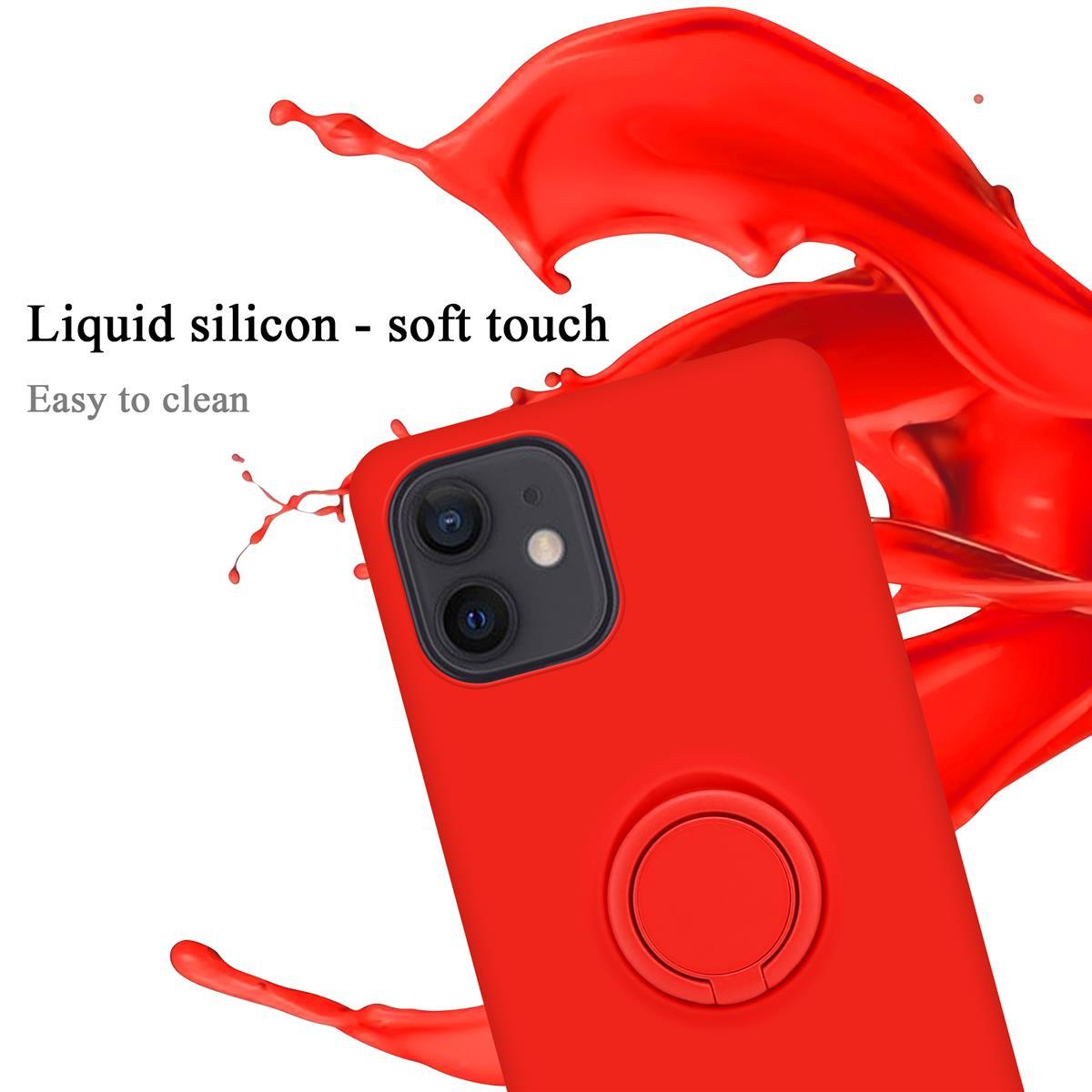 Rote Handyhülle mit Ringhalterung. Roter Farbspritzer im Hintergrund. Text: „Flüssiges Silikon – Soft-Touch“.