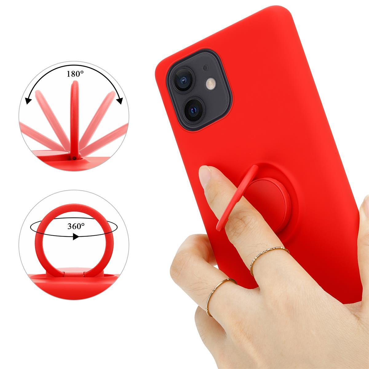 Eine rote Handyhülle mit einem Ringständer. Der Ständer dreht sich um 180 und 360 Grad. Eine Hand hält das Telefon.