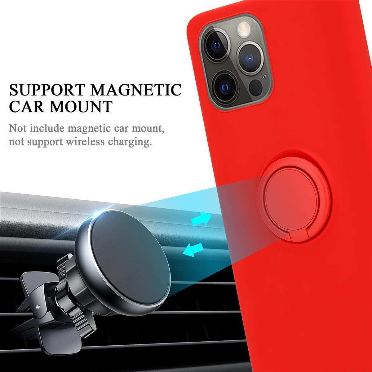 Eine rote Handyhülle mit einem magnetischen Ringhalter neben einer Autohalterung.