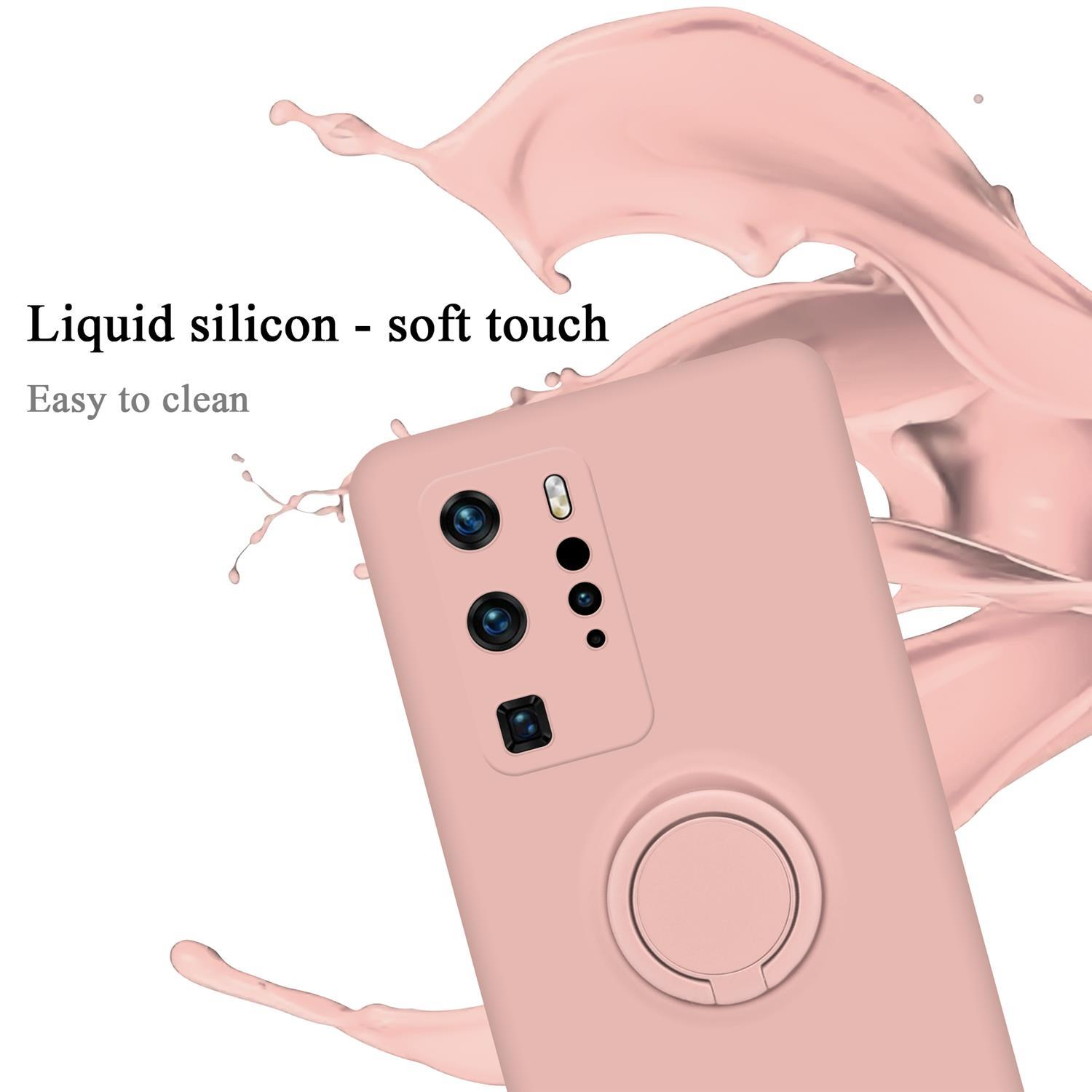 Custodia per telefono rosa con supporto ad anello, spruzzata di liquido rosa e testo: silicone liquido, facile da pulire.