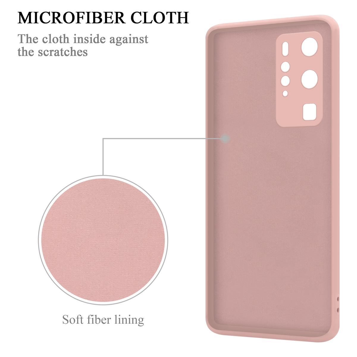 Custodia per telefono rosa con interno in microfibra. Sfondo bianco.