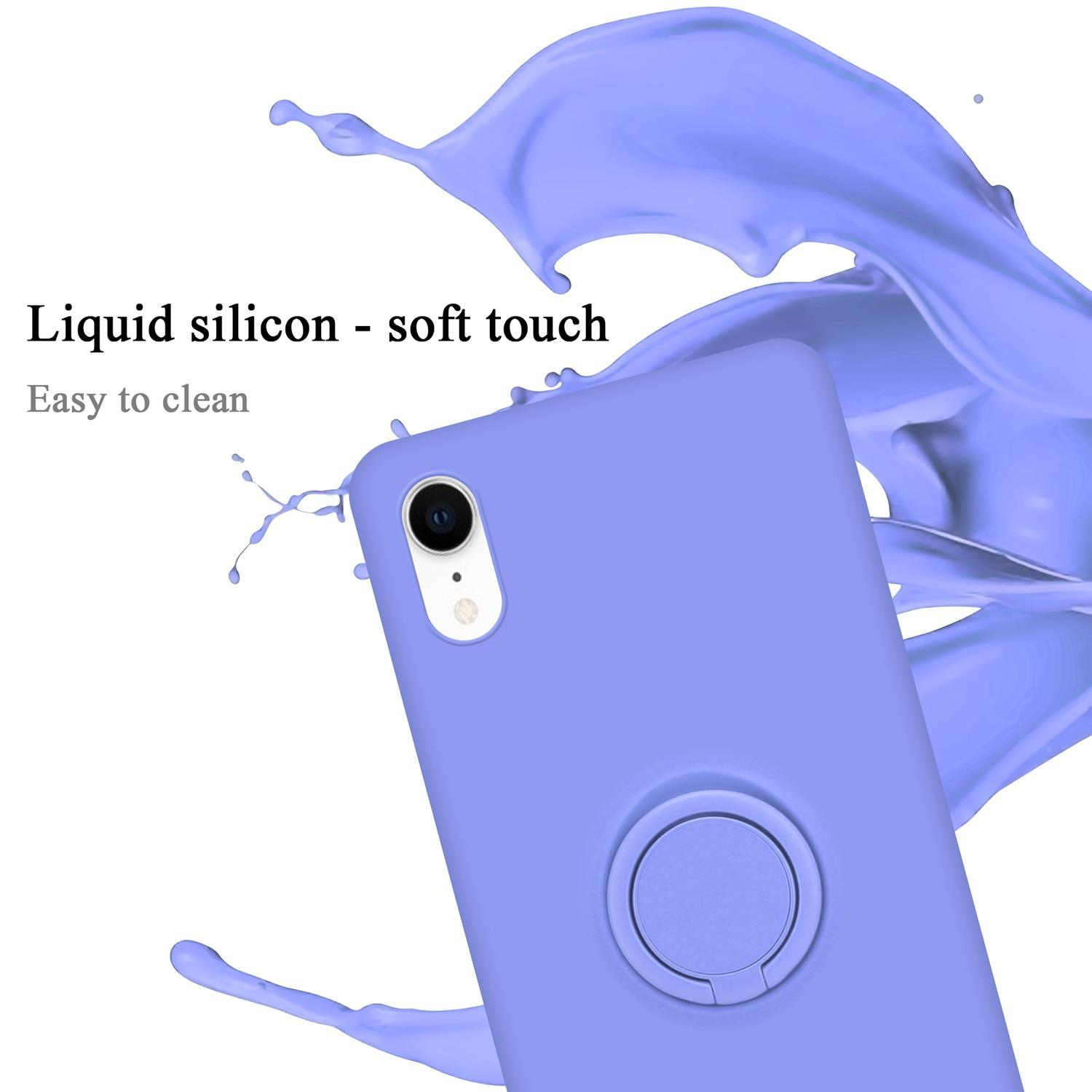 Lila Telefon mit Ringhalter. Flüssiges Silikon, Soft-Touch. Farbspritzer-Effekt im Hintergrund.