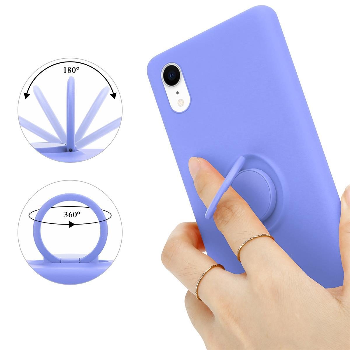 Eine Hand, die ein lila Telefon hält. Ein Ringhalter auf der Rückseite. Pfeile zeigen die Drehung.