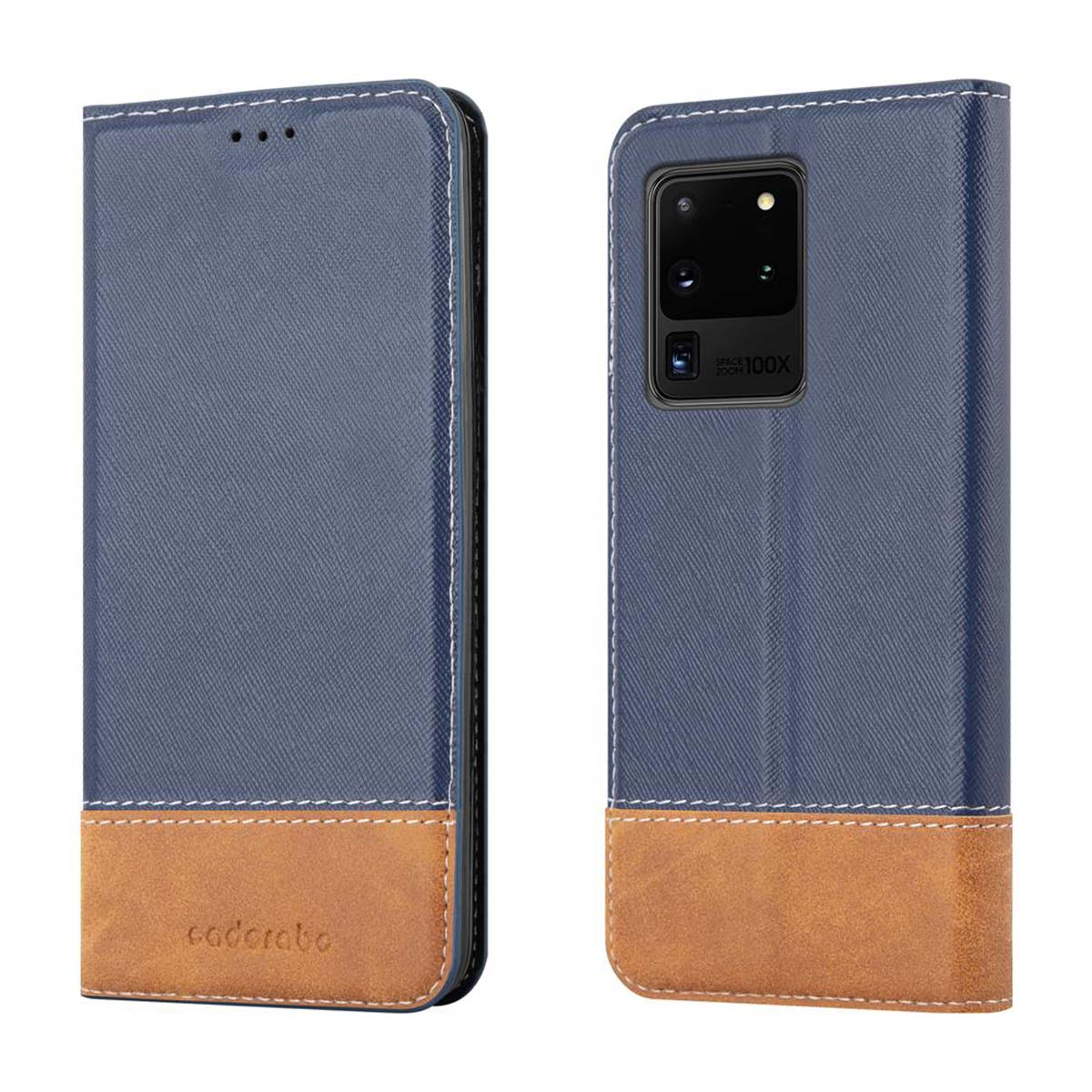 Una custodia per telefono blu e marrone è mostrata. Ha una trama in pelle.