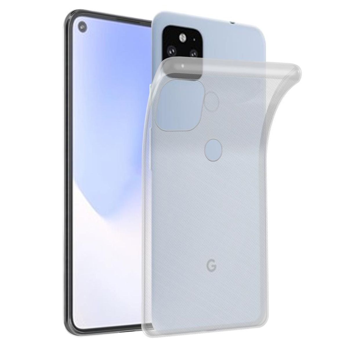 Ein hellblaues Telefon in einer transparenten Hülle, mit sichtbarer Rückseite, auf Weiß.