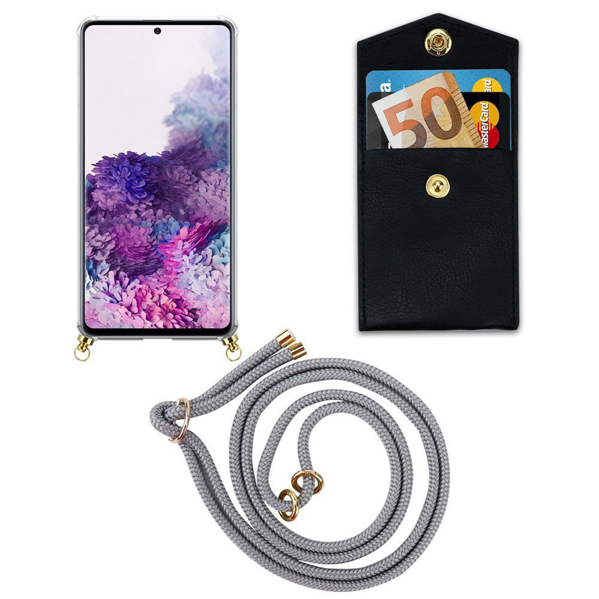 Telefono in custodia trasparente con cordino, un piccolo portafoglio nero con contanti e carte.