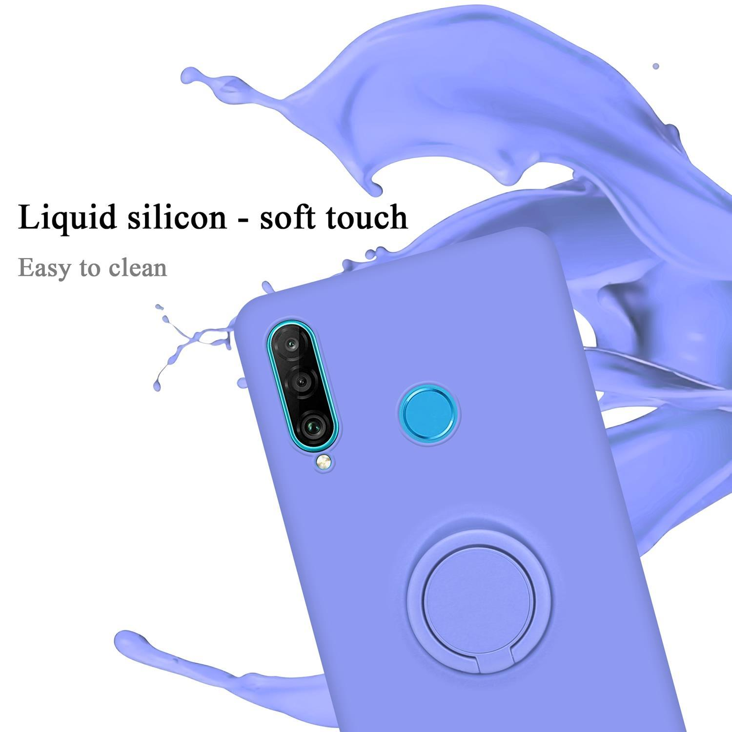 Custodia viola per telefono con impugnatura ad anello. Schizzo di liquido viola sullo sfondo. Testo: Silicone liquido-tocco morbido, facile da pulire.