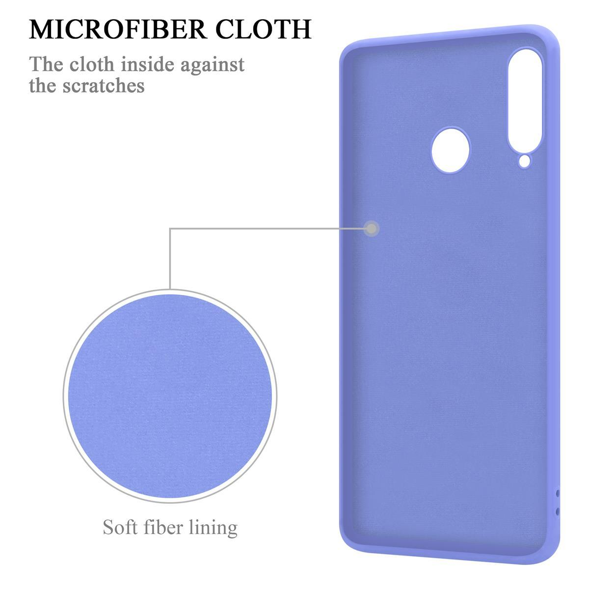 Una custodia per telefono blu con fodera in fibra morbida e una descrizione in microfibra.
