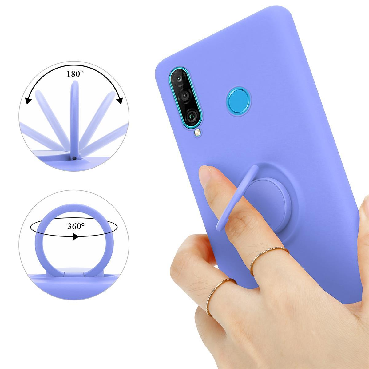 Custodia viola per telefono con supporto ad anello. Mano che tiene il telefono. Rotazione a 180 e 360 gradi.