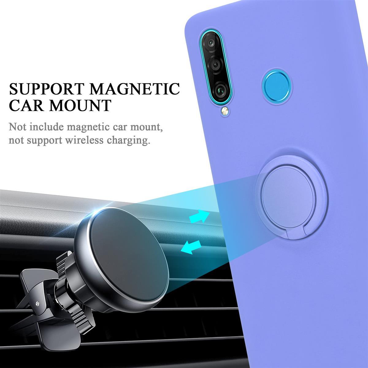 Lila Handyhülle mit magnetischer Autohalterung. Hülle hat Ringhalter, Halterung ist silber.