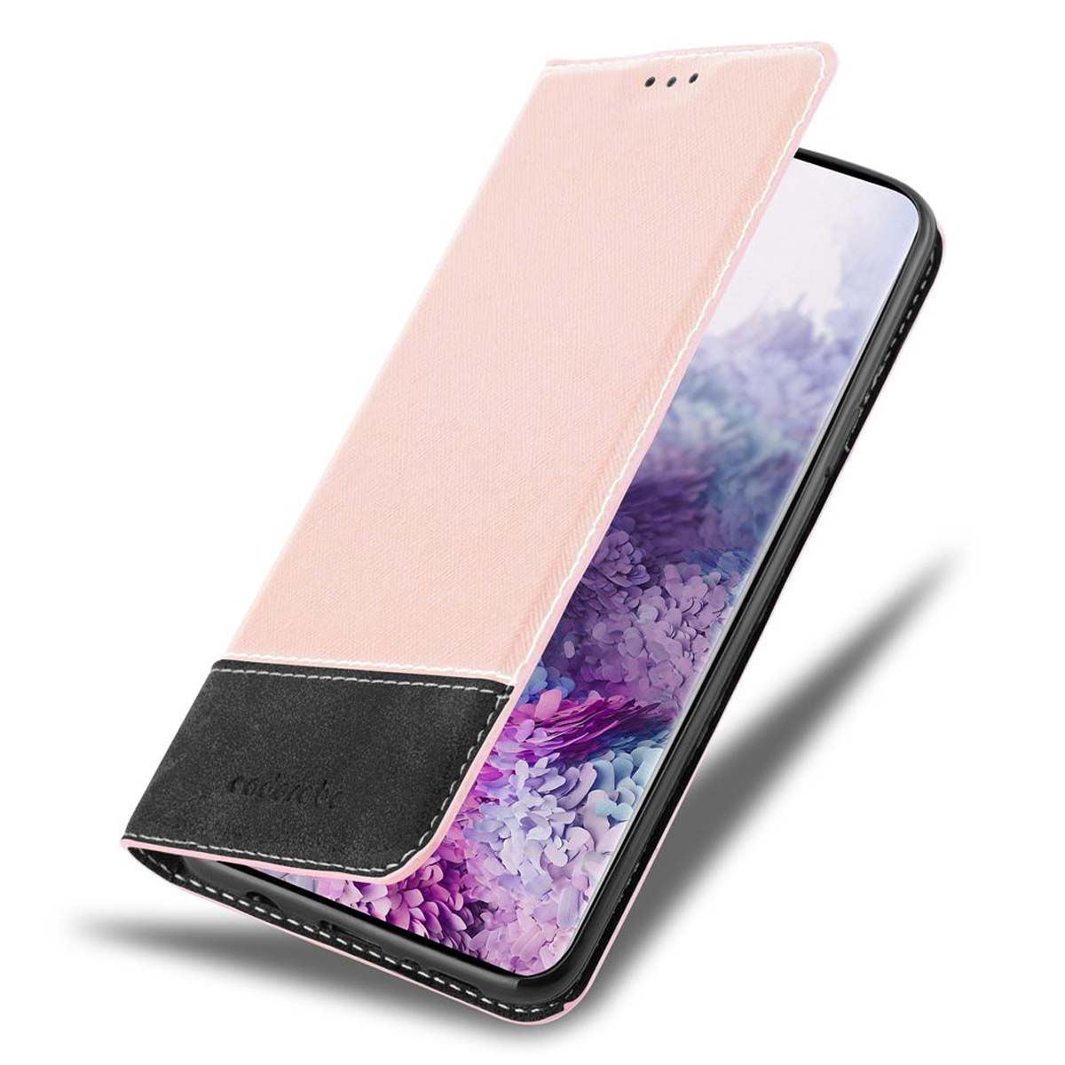 Rosafarbene Handyhülle, offen. Zeigt das Telefon in der Hülle mit der Vorderseite des Telefons sichtbar.