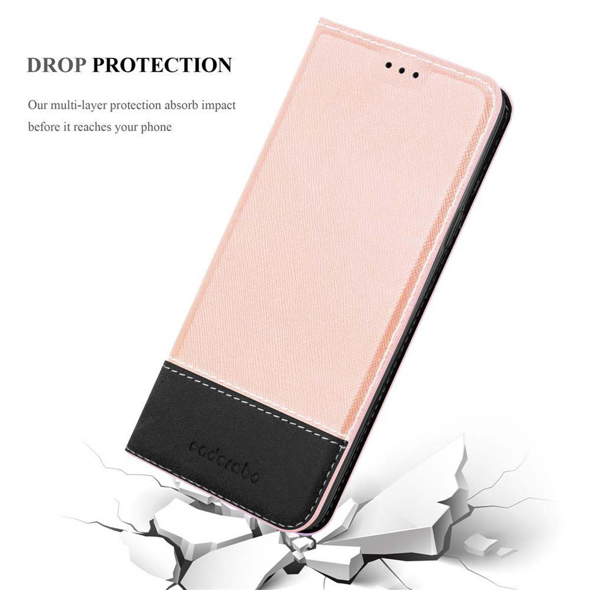 Una custodia per telefono rosa e nera. Dice protezione dalle cadute. È su una superficie bianca.