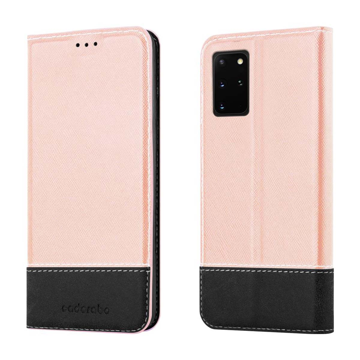 Custodia per telefono rosa e nera, aperta e chiusa.