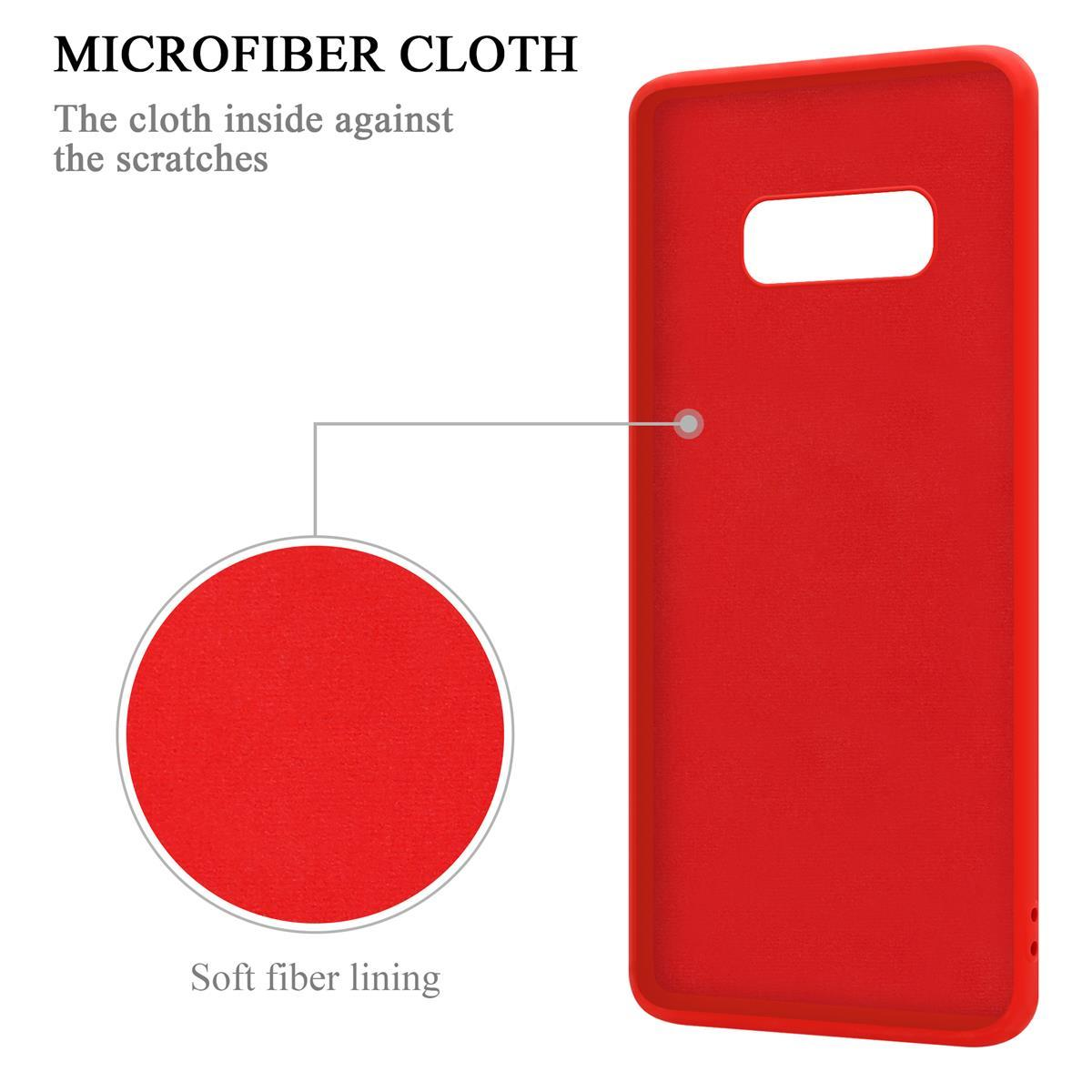 Custodia per telefono rossa con panno in microfibra, rivestimento morbido. Il testo etichetta il panno come protezione.