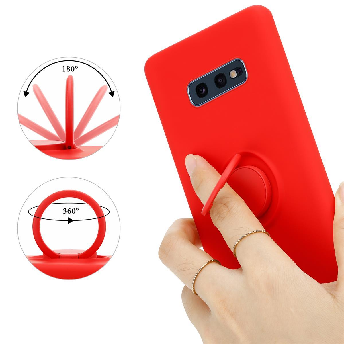 Custodia rossa con anello, tenuta da una mano. I diagrammi mostrano movimenti a 180 e 360 gradi.