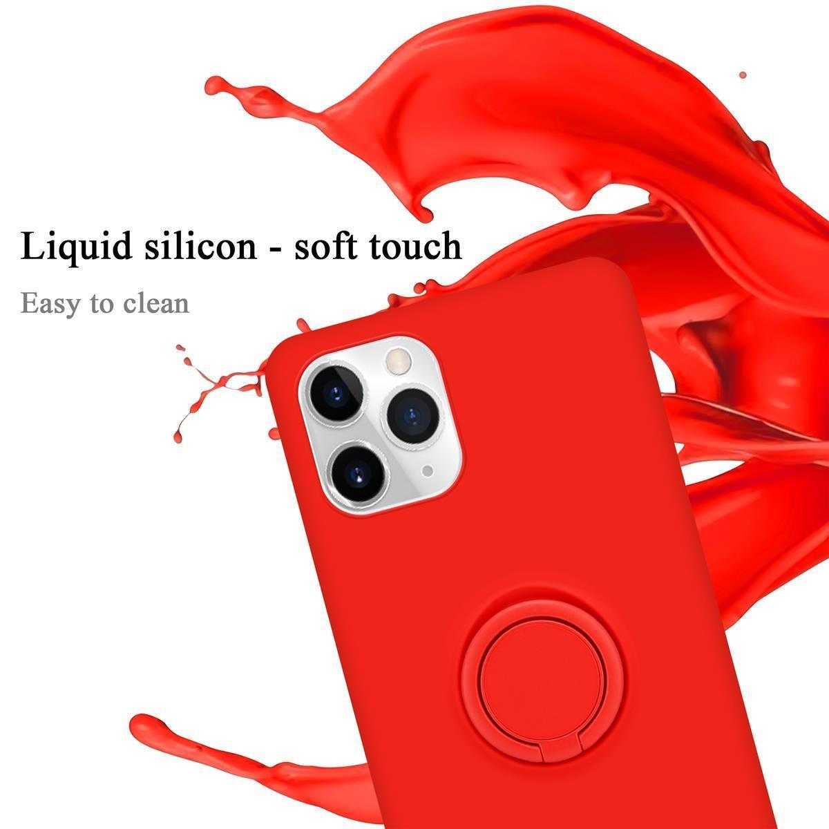 Eine rote Handyhülle mit einem Ringhalter, mit dem Text 'Liquid silicon - soft touch'.