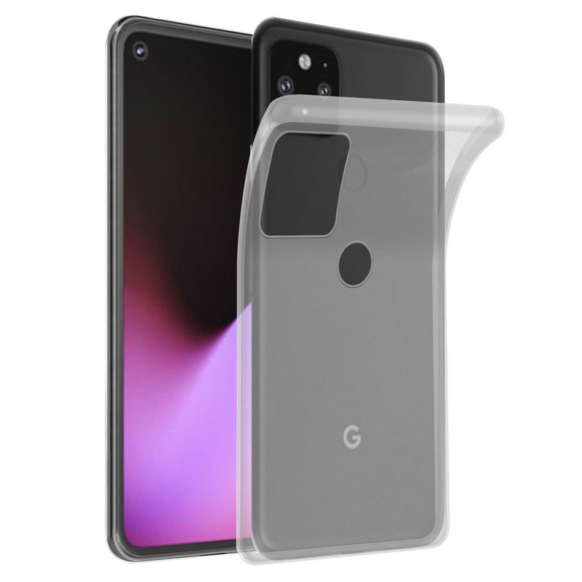 Ein Telefon mit klarer Hülle wird gezeigt. Der Hintergrund hat einen lila Farbverlauf.