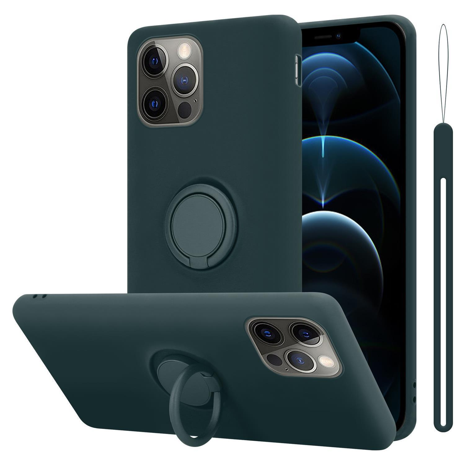 Dunkelgrüne Handyhülle mit Ringhalter, Telefon mit Bildschirm und Armband.