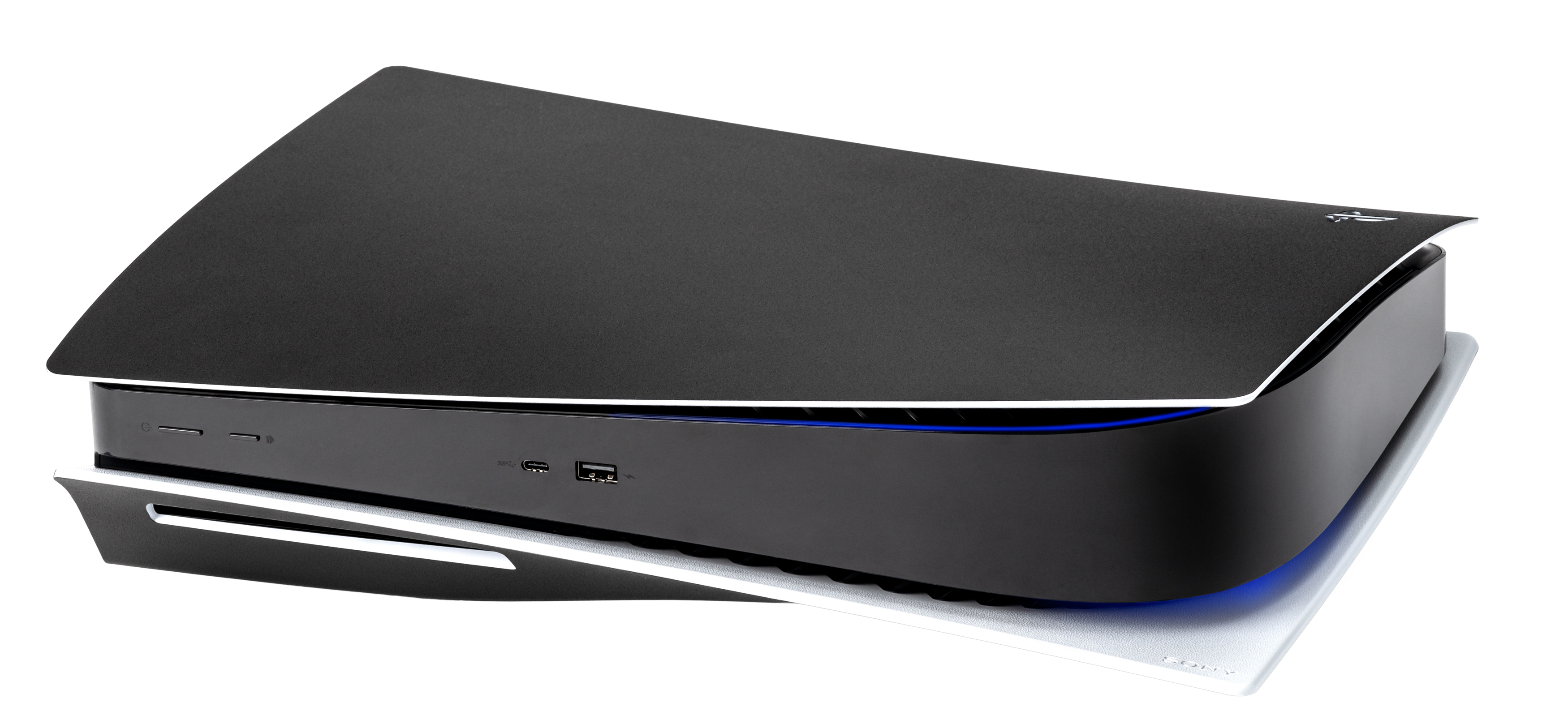 Eine schwarz-weiße Playstation 5 Konsole. Sie liegt auf einer weißen Oberfläche und hat ein blaues Licht.