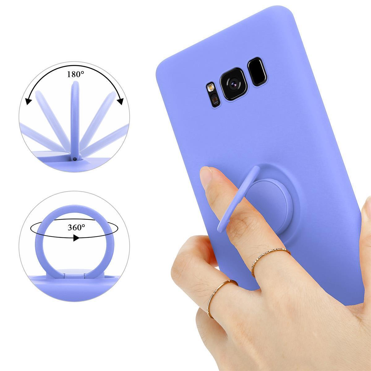 Un telefono viola in una custodia con un supporto ad anello. L'anello può ruotare di 180 e 360 gradi.