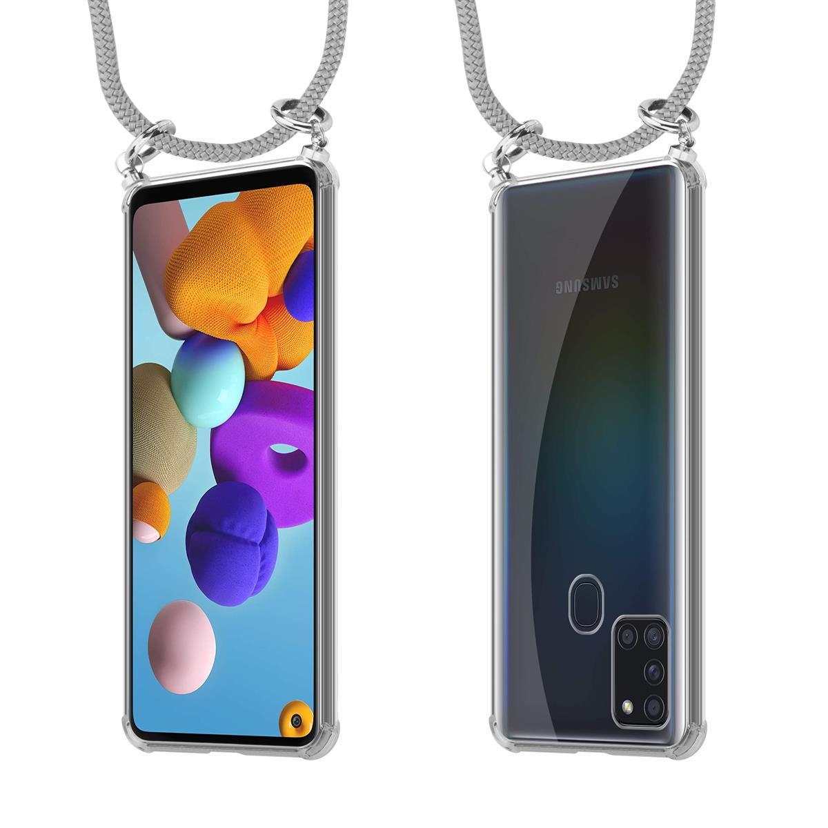 Due lati di un telefono in una custodia trasparente con un cordino. Lo schermo del telefono mostra grafiche colorate.