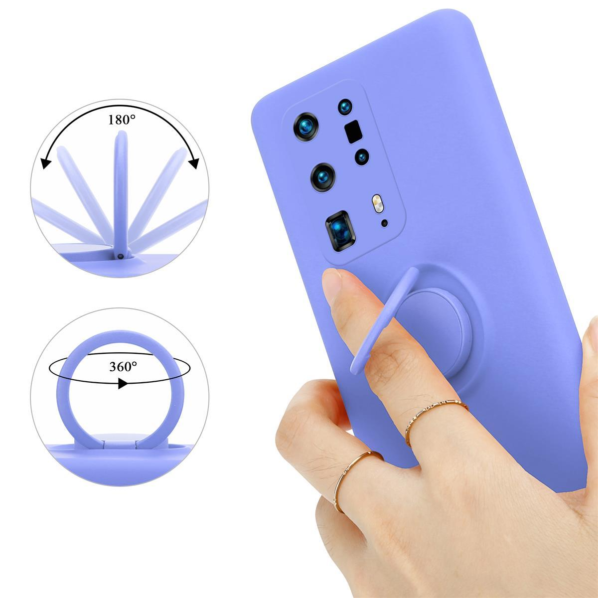 Lila Handyhülle mit Ringhalter, am Telefon und eine Hand, die die Drehung zeigt.