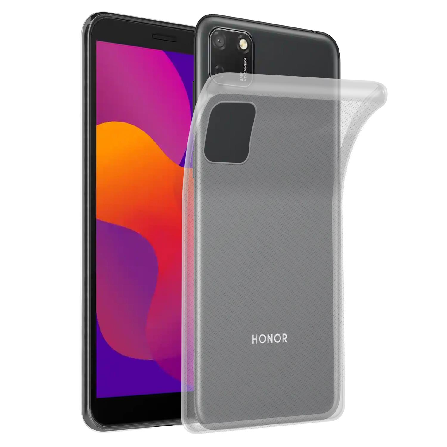 Schwarzes Telefon mit durchsichtiger Hülle. Die Rückseite des Telefons ist sichtbar.