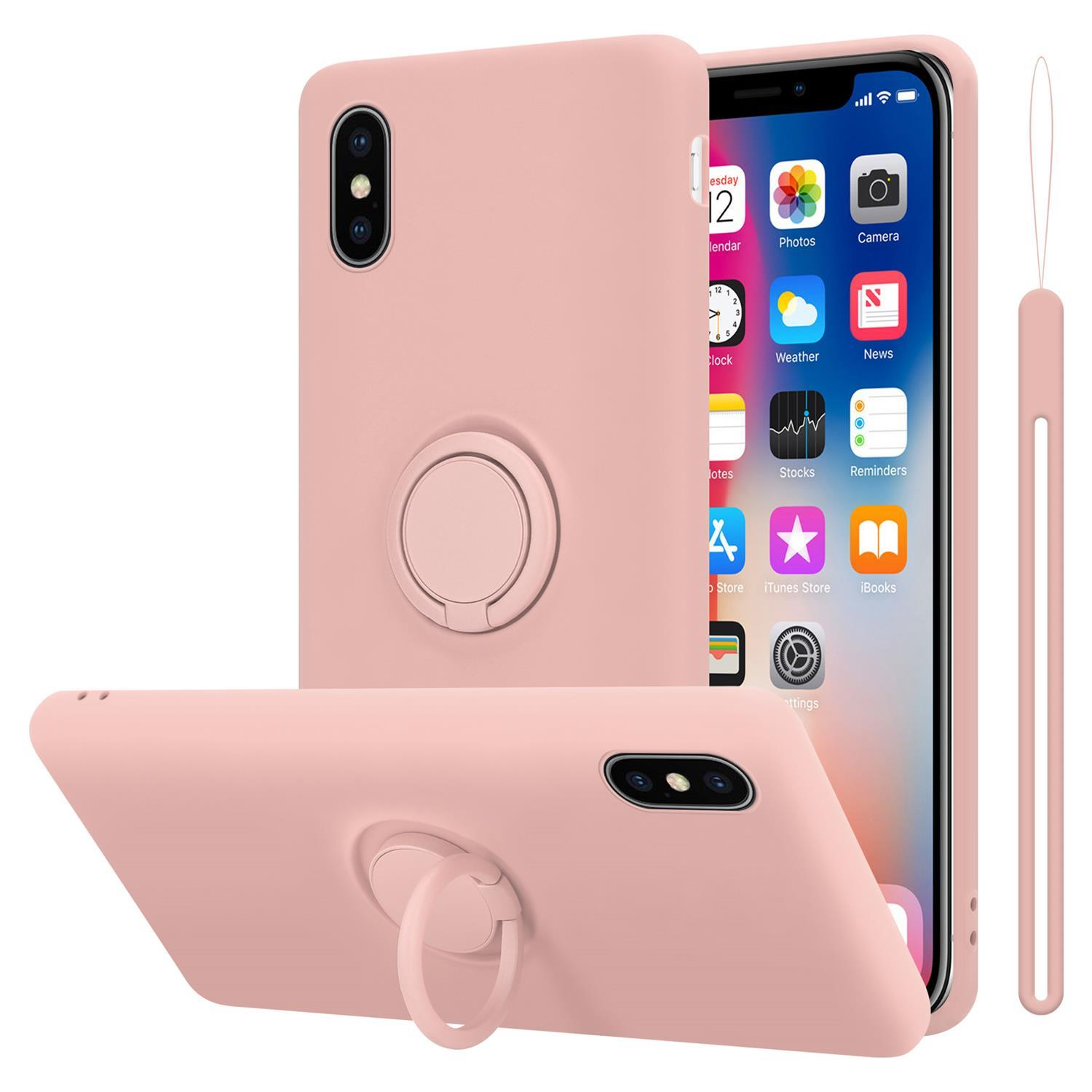 Custodia rosa per telefono con supporto ad anello e telefono, che mostra app e interfaccia.
