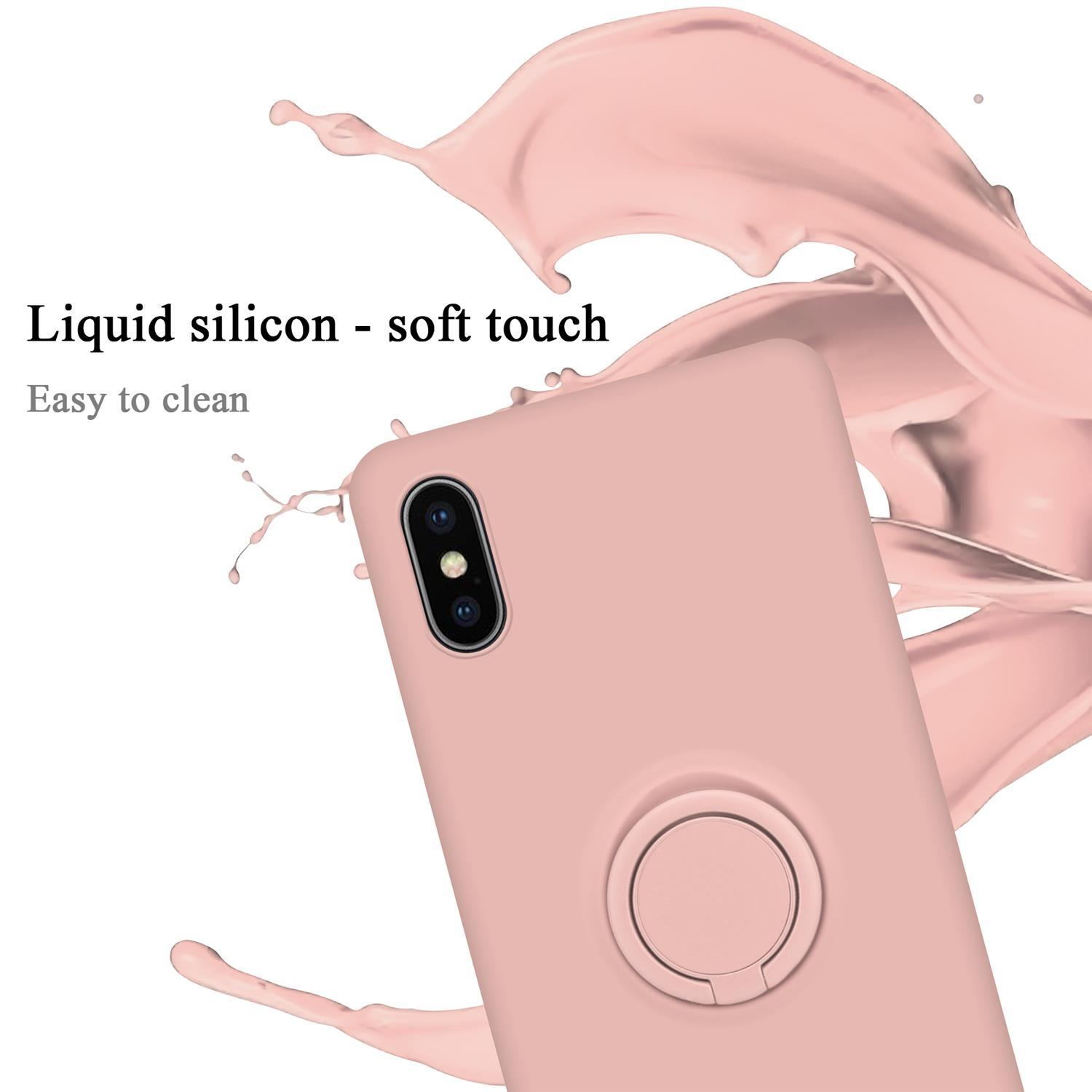 Custodia rosa per telefono con anello, con schizzo di liquido rosa sullo sfondo.
