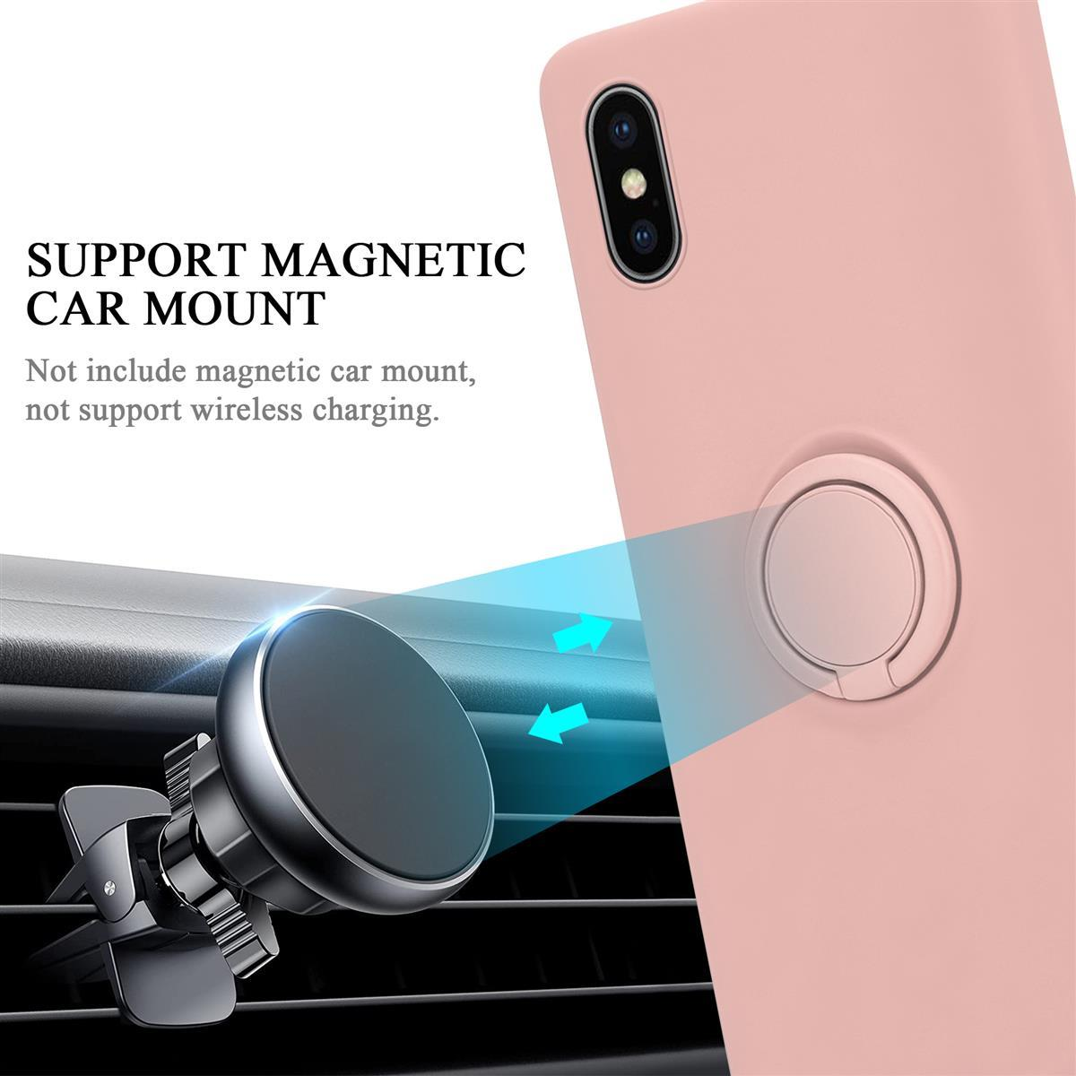 Ein Telefon mit rosa Hülle an einer Autohalterung befestigt. Text: Support Magnetic Car Mount.