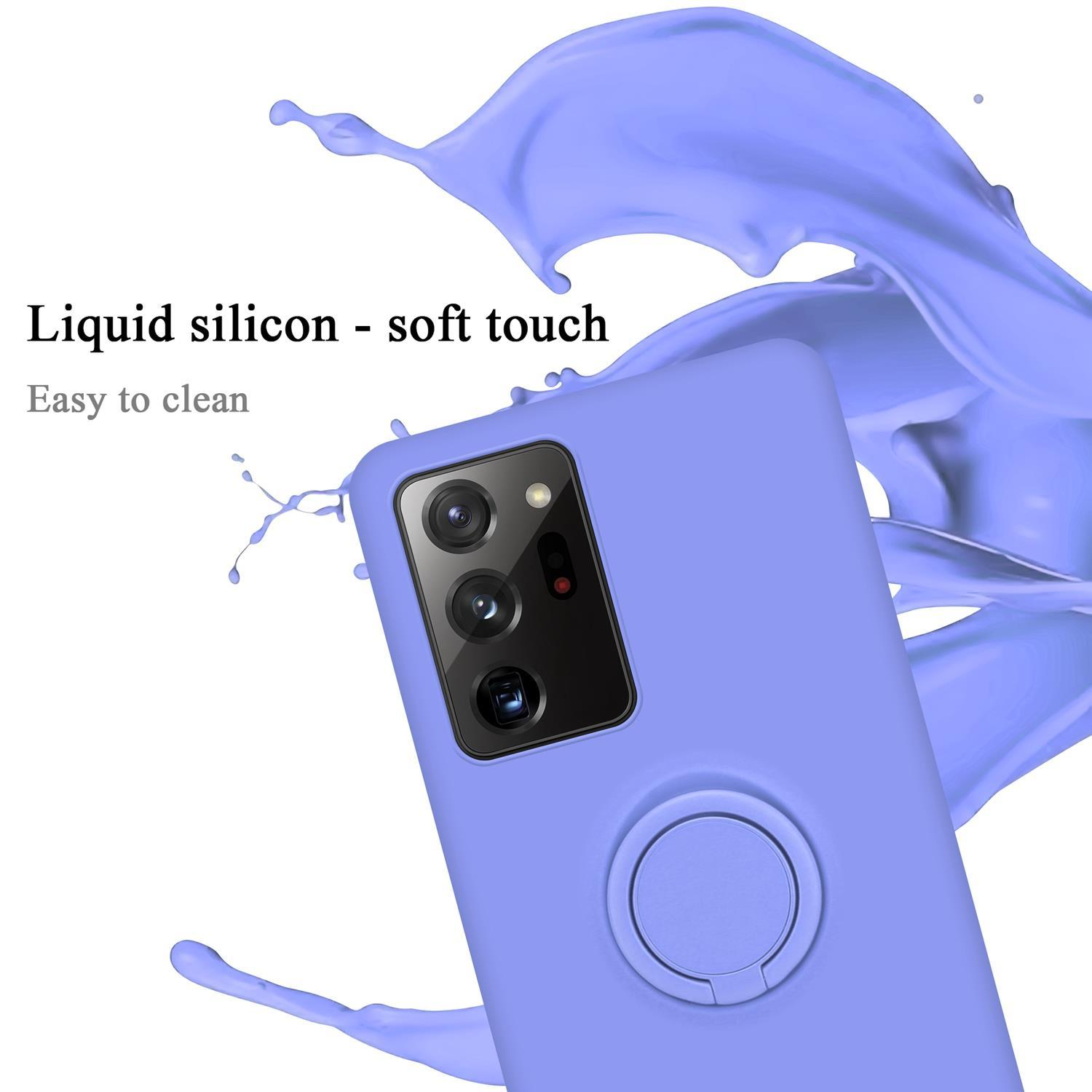Custodia per telefono lilla con anello di supporto. Schizzo di vernice viola sullo sfondo.