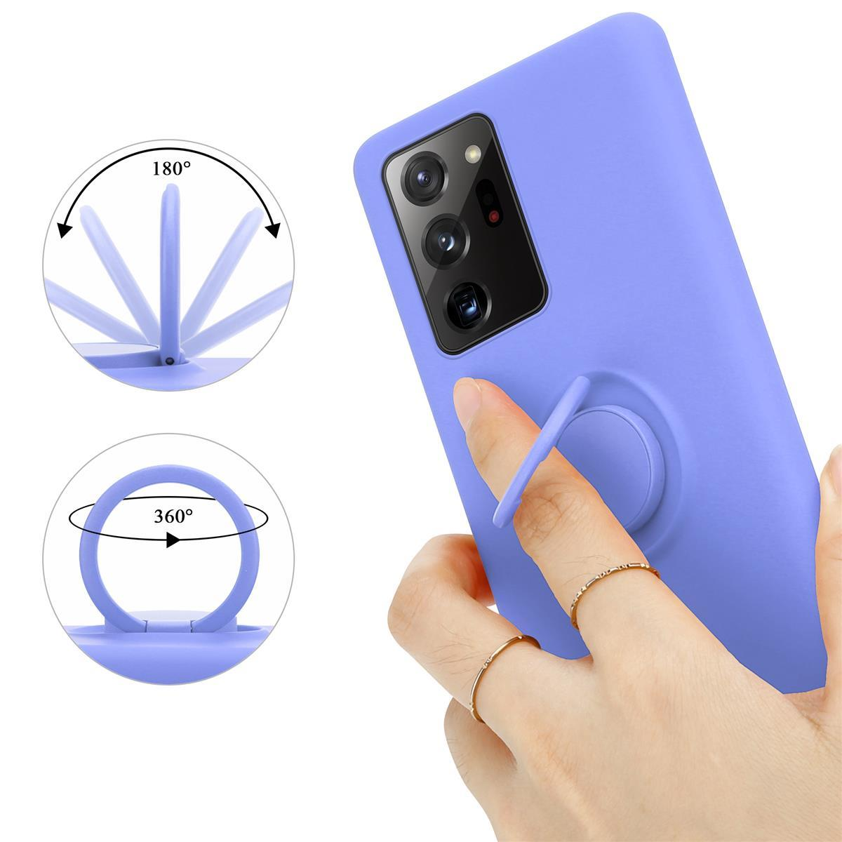 Custodia viola per telefono con supporto ad anello. L'anello può ruotare di 360 gradi e piegarsi di 180 gradi.