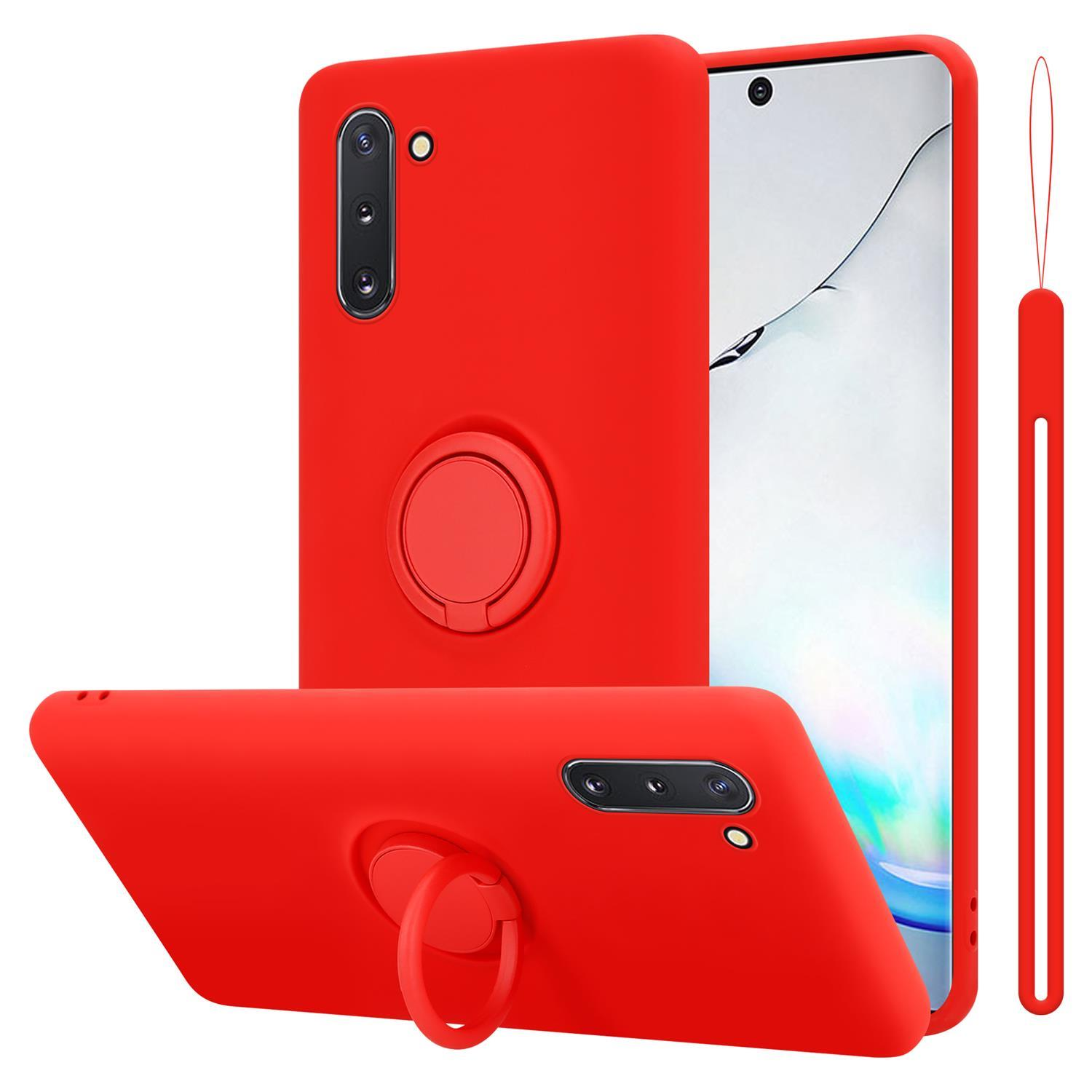 Custodia per telefono rossa con un supporto ad anello. La custodia del telefono viene mostrata da più angolazioni.