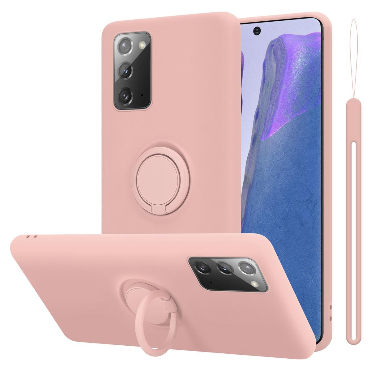 Custodia rosa per telefono con anello di supporto, più telefono con schermo visibile.