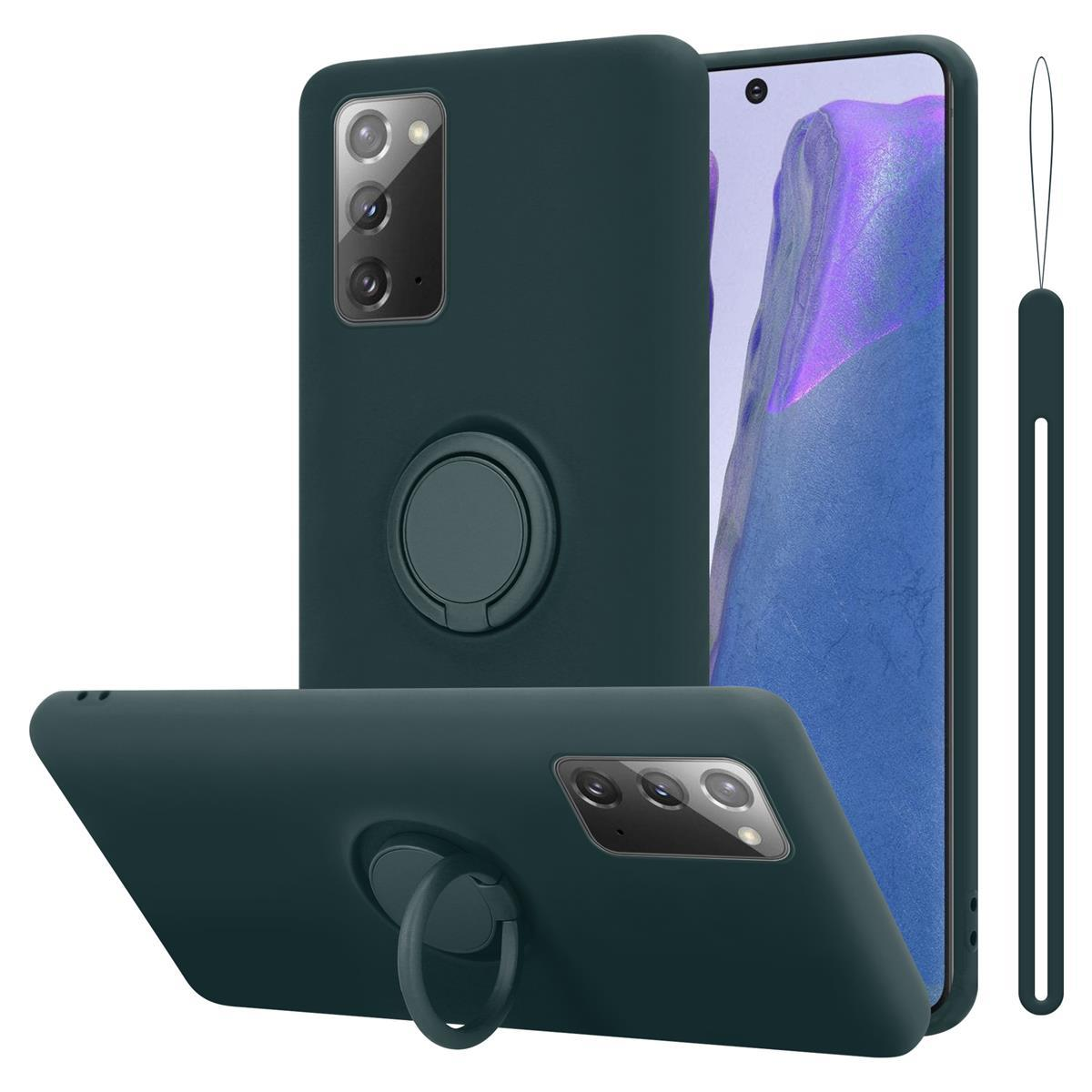Custodie per telefono verde scuro con supporti ad anello. Tre custodie sono disposte per mostrare diverse angolazioni.