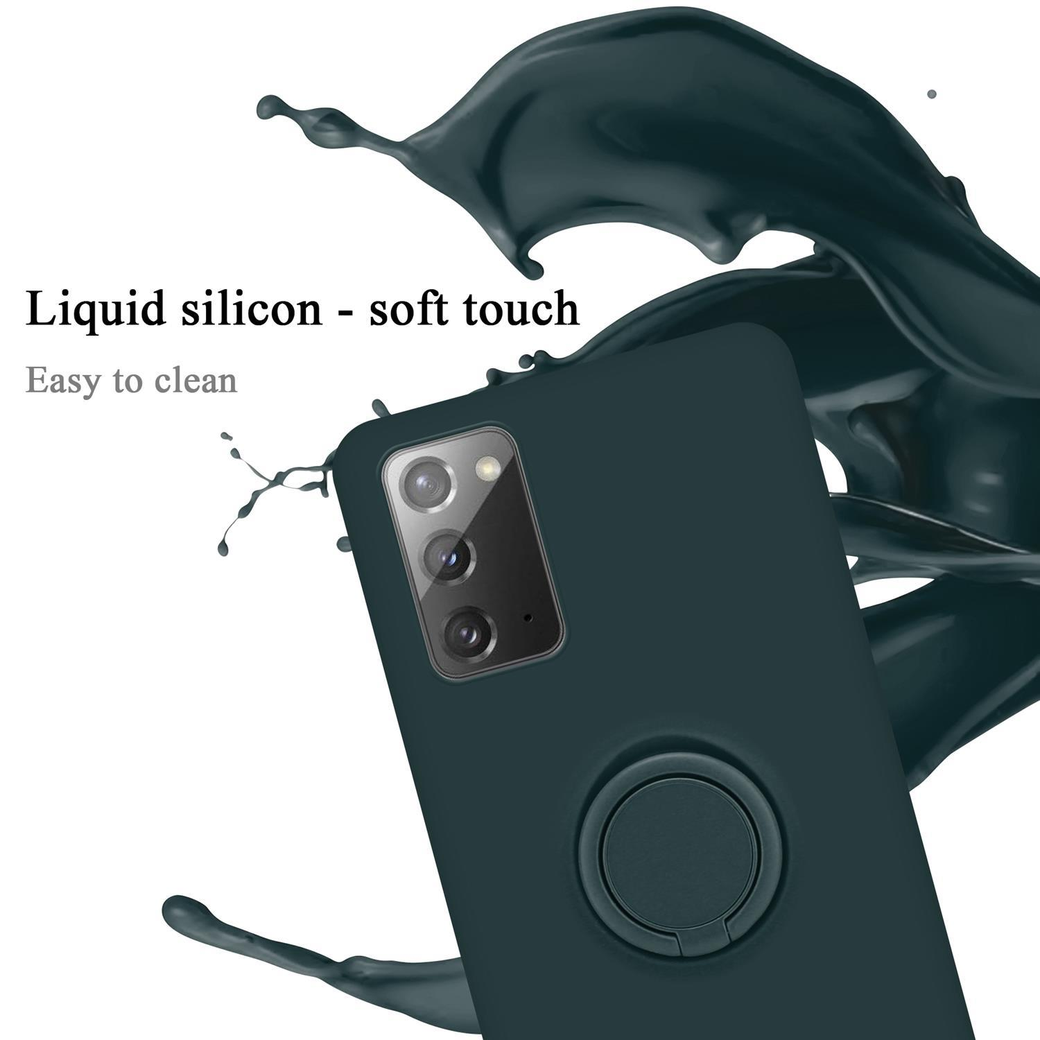 Telefono verde scuro con supporto ad anello. Silicone liquido, tocco morbido. Effetto schizzo di vernice.