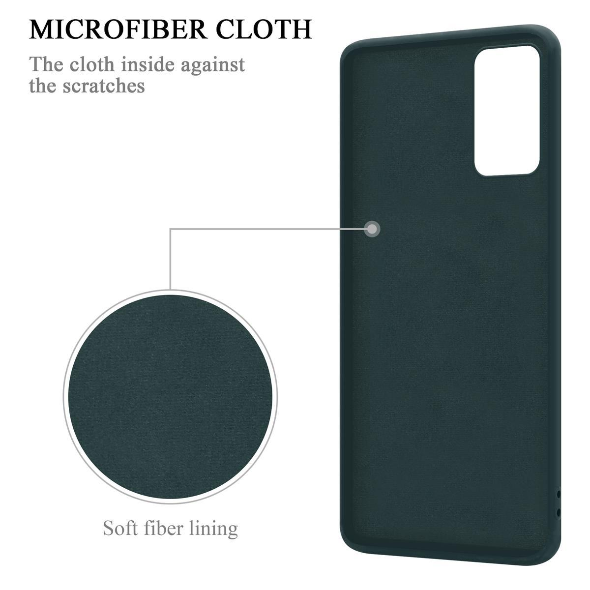 Custodia per telefono verde scuro con descrizione in microfibra. L'interno è morbido, la custodia ha un foro per la fotocamera.